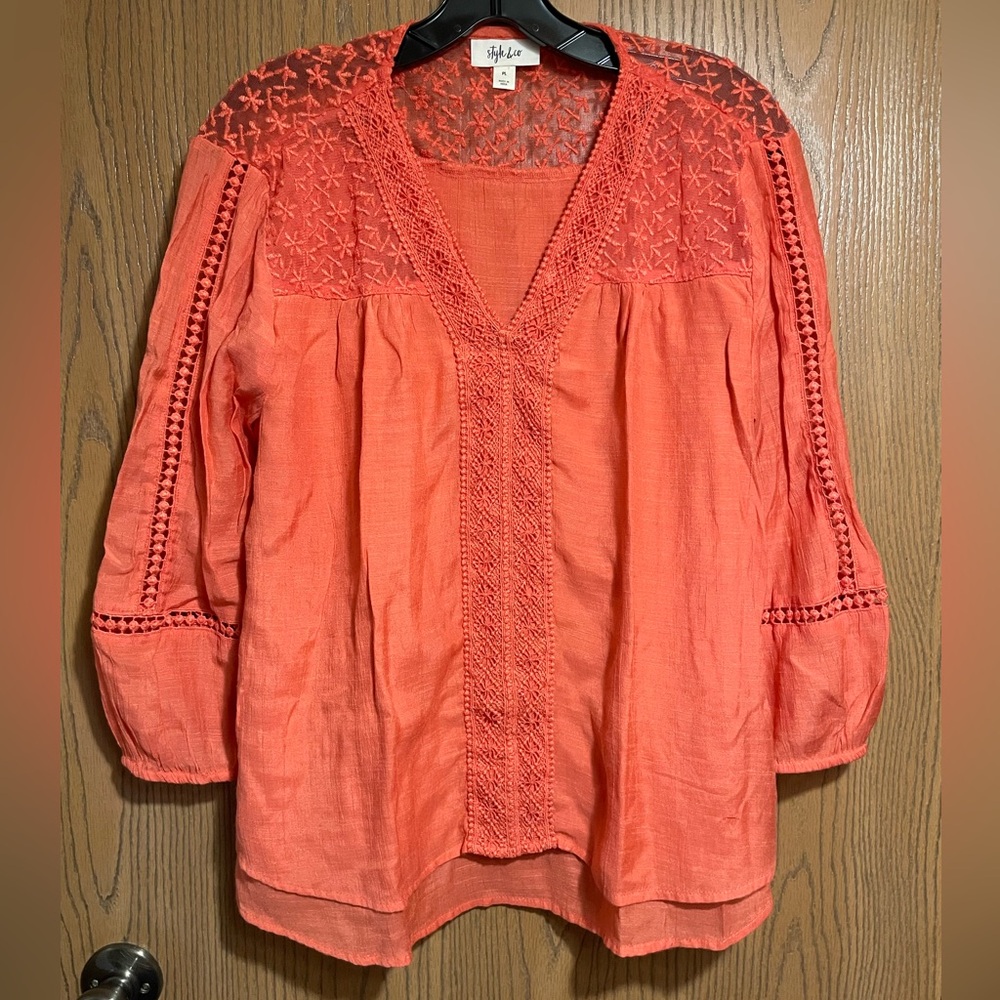 EUC Orange Blouse with Lace Details and V-Neck